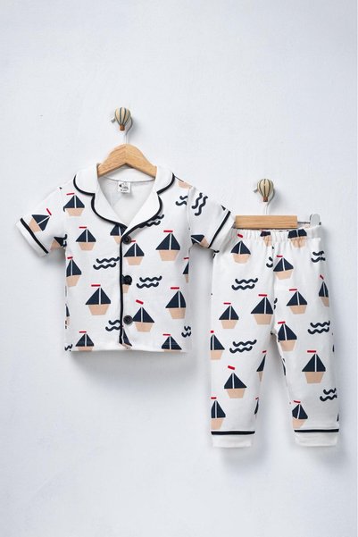 derin baby 100% Cotton Short Sleeve Buttoned Summer Girls Boys Sailing Patterned Baby Kids Pajama Set