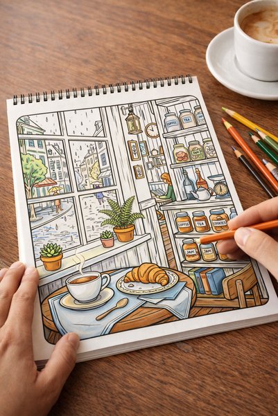 Z&R CRAFT Cozy Cafe Moments Coloring Book Relaxing for Adults-Children A4 Size 30 Visuals