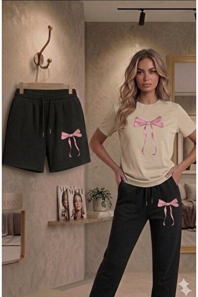 Syndra Women's Pink Ribbon Printed 3-Piece Summer Tracksuit T-Shirt Shorts Set