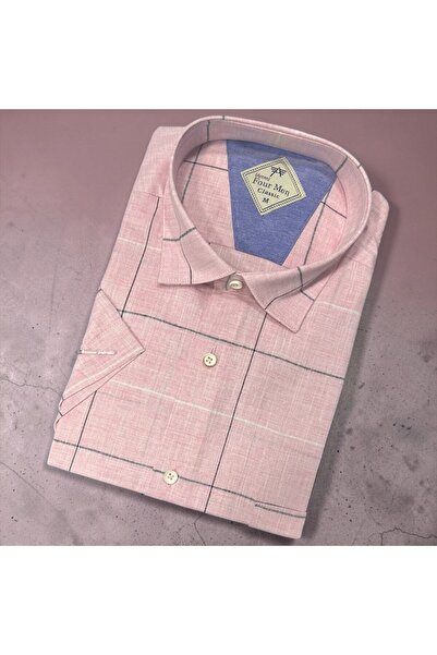 EREN STYLE Λινό κλασικό πουκάμισο από 100% βαμβάκι με κοντά μανίκια και αντιι...