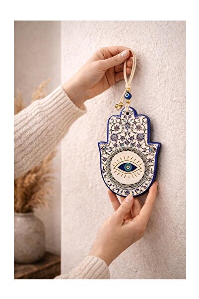MobiLand Seramik Nazar Duvar Süsü – Fatma Eli (Hamsa) 13 cm El Yapımı Kapı Gi...