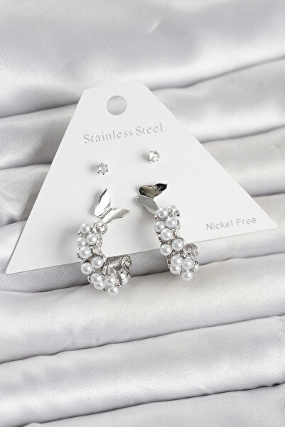 shopwave Brass Silver Color Butterfly Detailed Women's Earring Set