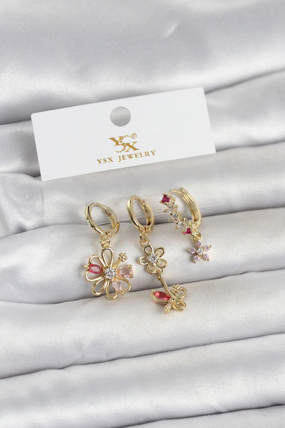 shopwave Brass Gold Color Flower Model 3-Piece Women's Earrings