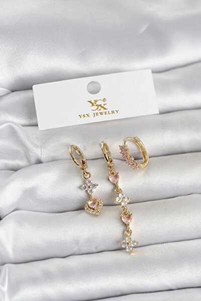 shopwave Brass Gold Color Pink Zircon Stone 3-Piece Women's Earrings