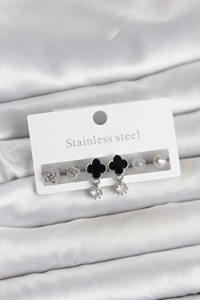 shopwave 316L Steel Silver Color Clover Detailed Women's Earring Set