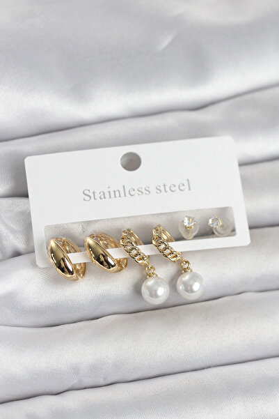shopwave 316L Steel Gold Color Pearl Hoop Detailed Women's Earring Set