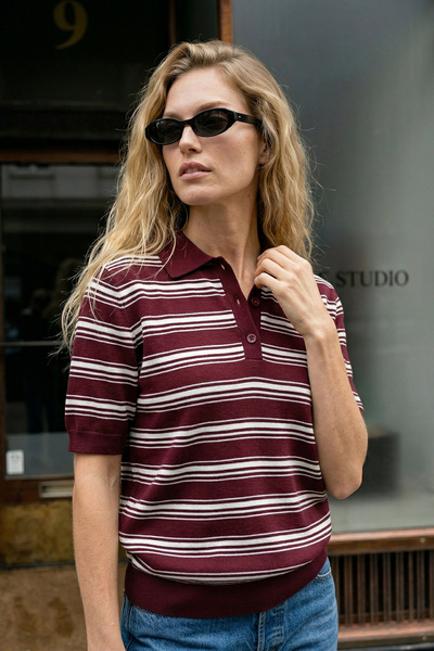 CHUBA Γυναικείο ριγέ κοντομάνικο πλεκτό πουλόβερ με γιακά πόλο και κουμπιά, μ...