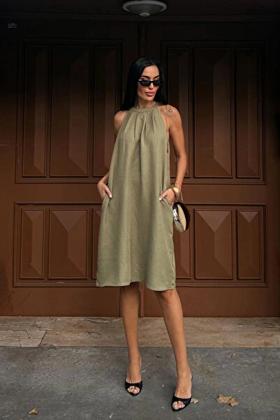 loia Γυναικείο Χακί Καλοκαιρινό Λινό Υφαντό Κομψό Φόρεμα με Κρυφές Τσέπες L26...