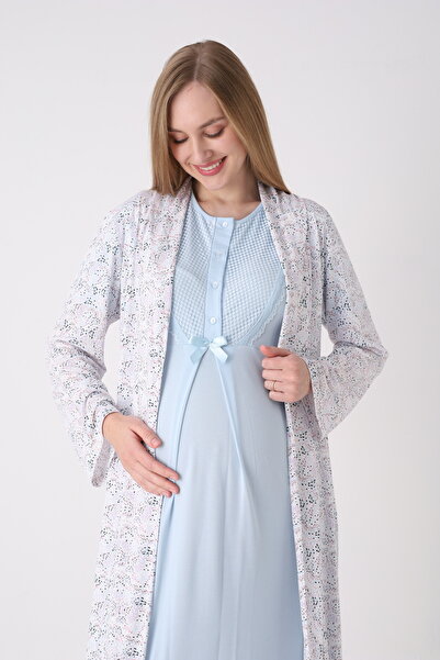 Lohussa Νέα σεζόν Σετ νυχτικών εγκυμοσύνης με μπλε σχέδιο γιακά σάλι, ολόσωμο...