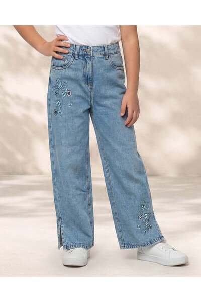 REDTAG Senior Girls Blue Wide Leg Embroidered Jeans