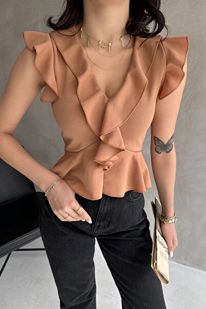 loia Γυναικεία μπλούζα με γιακά και μανίκια σε στυλ μπισκότο, από κρεπ, κομψή...