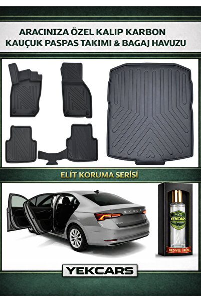 YEKCARS SKODA OCTAVİA E-TECH 2026 MODEL KARBONLU KAUÇUK PASPAS SETİ VE BAGAJ ...