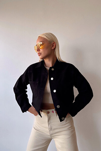 loia Γυναικείο μαύρο τζιν μπουφάν με διπλές τσέπες, κομψό, καθημερινό, εποχια...