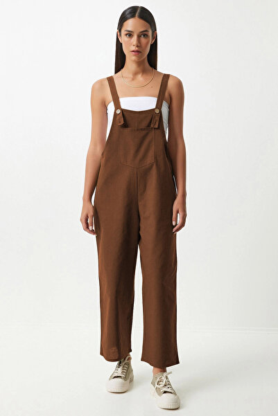 loia Γυναικεία καφέ φόρμα με τσέπες μπροστά και τιράντες, καλοκαιρινή, από γκ...