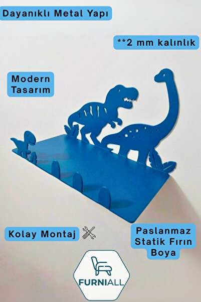 Metal Dinozor Temalı Dekoratif Duvar Rafı ve Askılık