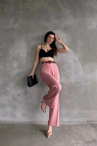 loia Γυναικείο λινό παντελόνι σε πούδρα με ζώνη στη μέση, κομψό, καθημερινό, ...