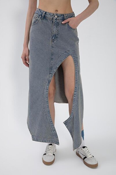 BSL Derin Asimetrik Yırtmaçlı Denim Midi Etek