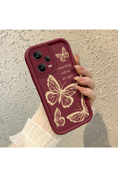 PATTERNOVA Redmi Note 12 Pro 5G Uyumlu Bordo Kelebek Silikon Kılıf Kamera Kor...