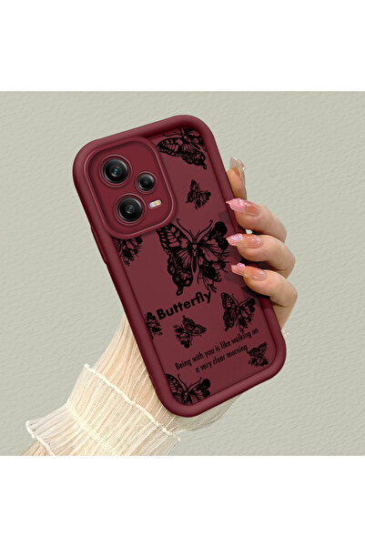 PATTERNOVA Redmi Note 12 Pro 5G Uyumlu Bordo Kelebek Silikon Kılıf Kamera Kor...