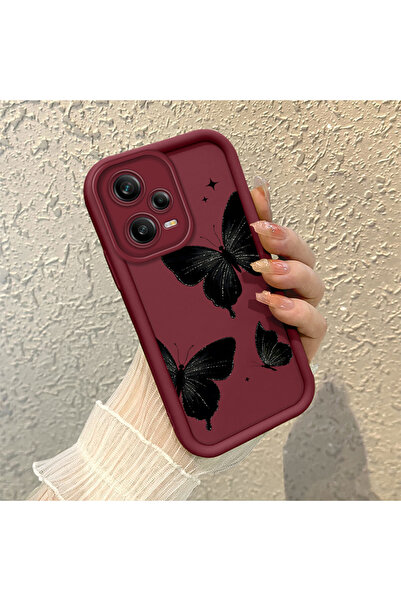 PATTERNOVA Redmi Note 12 Pro 5G Uyumlu Bordo Kelebek Silikon Kılıf Kamera Kor...