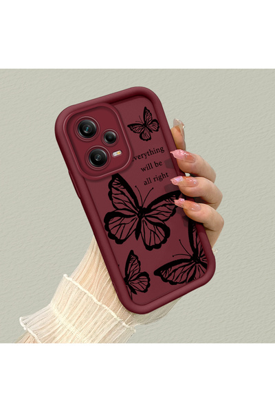 PATTERNOVA Redmi Note 12 Pro 5G Uyumlu Bordo Kelebek Silikon Kılıf Kamera Kor...