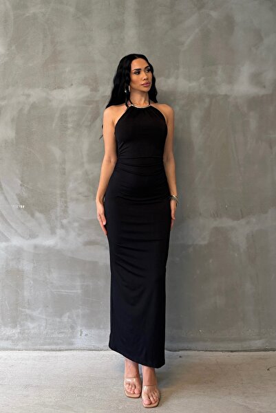 OKSOCOLLECTİON Gold Aksesuar Detaylı Yırtmaçlı Uzun Elbise