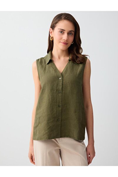 Jimmy Key Χακί 100% λινό αμάνικο πουκάμισο στενής εφαρμογής