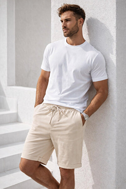 Rich Men's Beige Cotton Bermuda Shorts with Elastic Waist