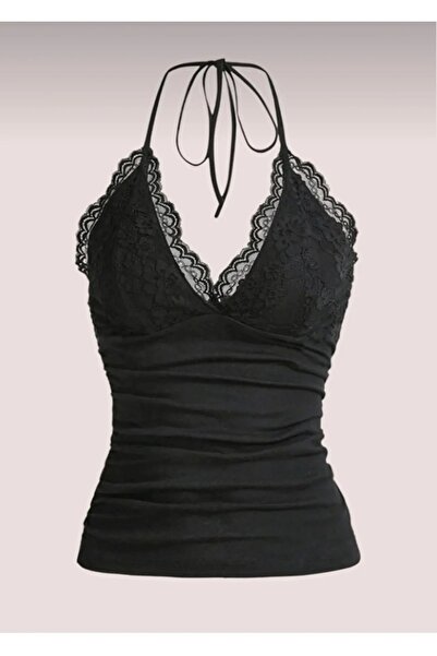 Gofeel Siyah Düz Basic Dantelli Ek Askılı Crop
