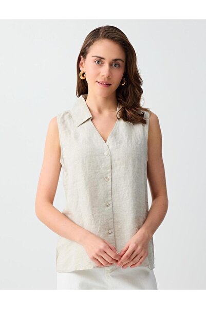 Jimmy Key Μπεζ 100% λινό αμάνικο πουκάμισο στενής εφαρμογής