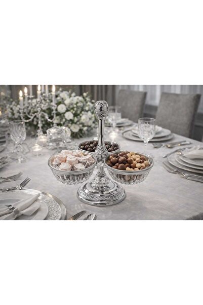 RASHA COLLECTION Gümüş 3 Gözlü Kuruyemişlik – Dekoratif Çerezlik Lokum ve Kur...