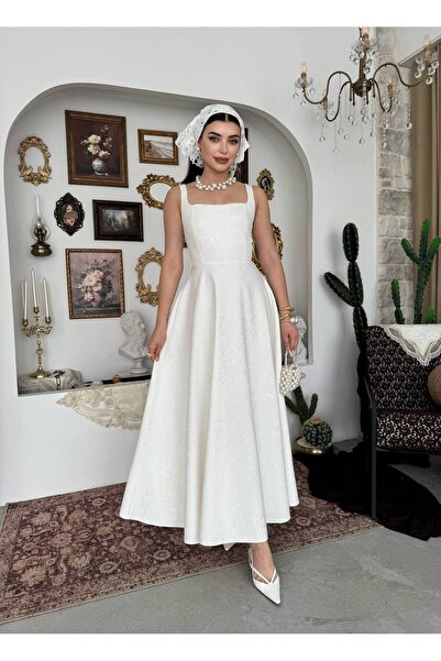 Ayzde Fashion Kare Yaka İşlemeli Tasarım Manen Elbise