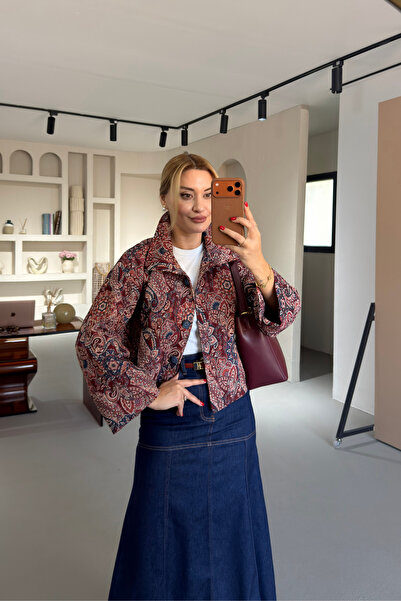 Sezgi Tekin Ειδική Σειρά Σακάκι με Μοτίβο Σάλι σε Ναυτικό Μπλε και Βουργουνδί