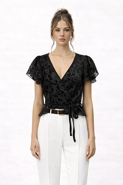 VAGGON Δαντελένια μπλούζα με διπλό στήθος και δέσιμο στο λαιμό