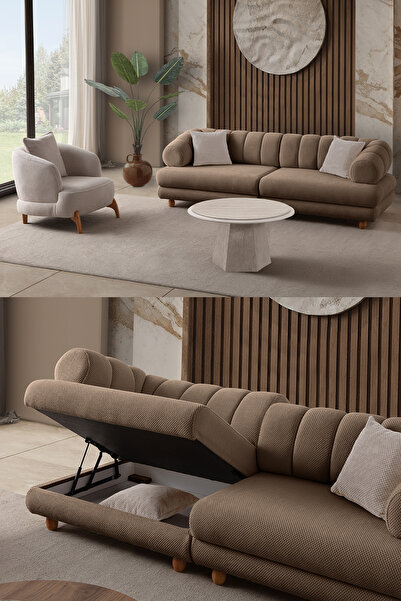 Eymense Gloria Sırt Mekanizmalı Modüler Sandıklı Koltuk Takımı 3+1 Sütlü Kahve