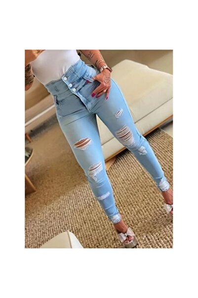 vuvutasarım Γυναικείο ψηλόμεσο τζιν παντελόνι με κουμπιά μπροστά και λεπτομέρ...