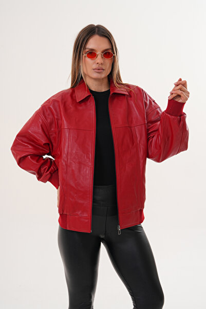 Metins Leather Kadın Hakiki Deri Bomber Mont – Lastik Detaylı, Rahat Kesim Ka...