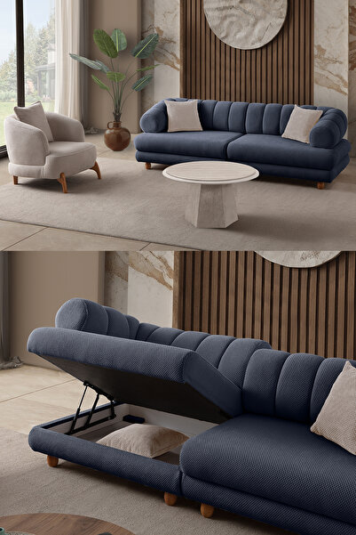 Eymense Gloria Sırt Mekanizmalı Modüler Sandıklı Koltuk Takımı 3+1 Lacivert