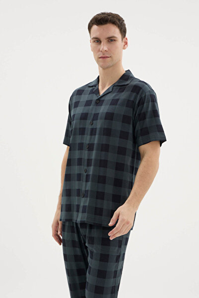 KLY Modal/Cotton New Season Checked Buttoned Collar Men's Bottom-Top Pajama Set