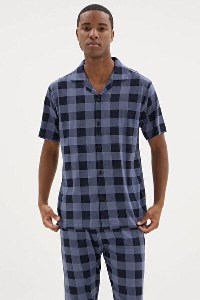 KLY Modal/Cotton New Season Checked Buttoned Collar Men's Bottom-Top Pajama Set