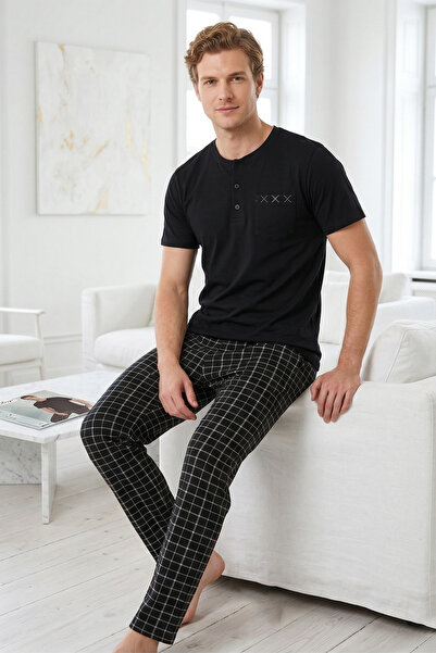 REMSA Ανδρικό σετ πιτζάμες από χτενισμένο βαμβάκι με κοντά μανίκια 2343 Μαύρο01