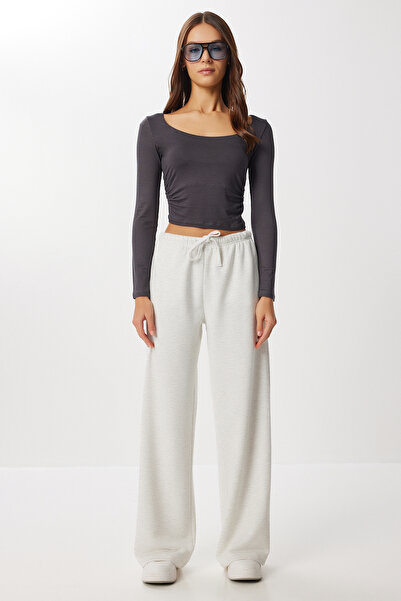 Lovelyİstanbul Πλεκτό παντελόνι φόρμας με φαρδιά μπατζάκια LUB0303 ΓΚΡΙ ΜΕΛΑΝΖΕ