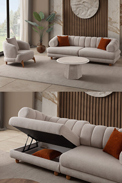 Eymense Gloria Sırt Mekanizmalı Modüler Sandıklı Koltuk Takımı 3+1 Bej