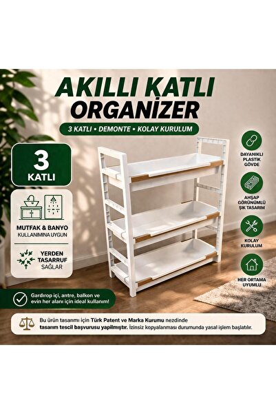 QEN PLASTİK 3 KATLI ÇOK AMAÇLI ORGANİZER RAF-SEPET (BEYAZ)