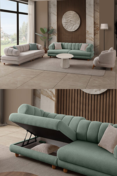 Eymense Gloria Sırt Mekanizmalı Ayrılabilir Sandıklı Koltuk Takımı 3+3+1 Su Y...