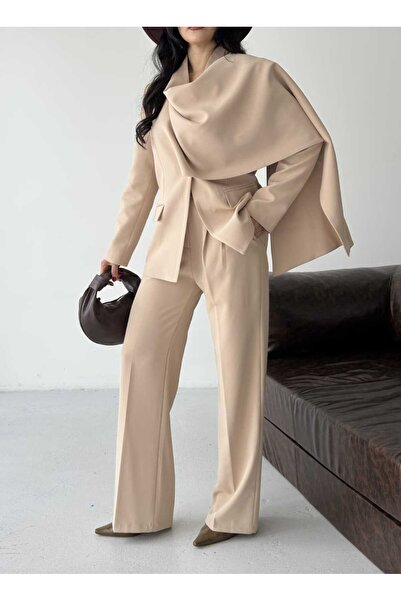 Moda İkra Κομψό παντελόνι με φαρδιά μπατζάκια και λεπτομέρεια ντραπέ σάλι στο...