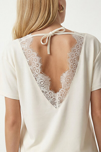 Lovelyİstanbul Πλεκτή μπλούζα με δαντέλα στην πλάτη LNT0026 EKRU