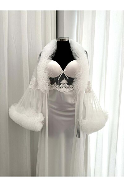 Lena Homewears Lena Ecru Tulle Halat Lung și Cămașă de Noapte Lungă din Satin...