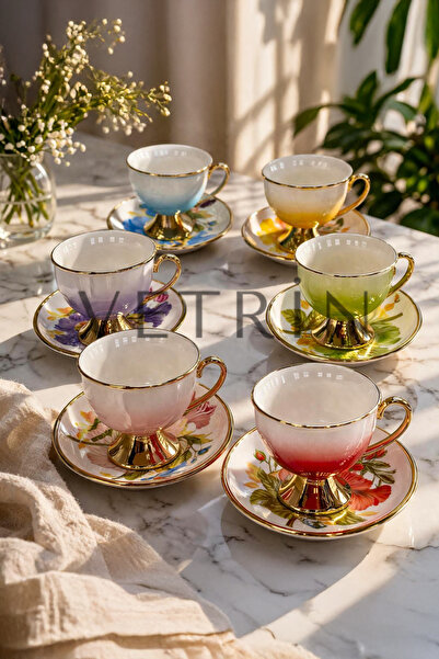 VETRİN 6'Lı Porselen Lüx Şık Altın Yaldızlı Kahve Fincan Takımı I 90 CC I