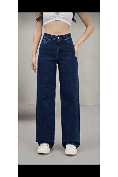 DRC trend Navy Blue Lycra Super ψηλόμεσο φαρδύ τζιν παντελόνι Palazzo